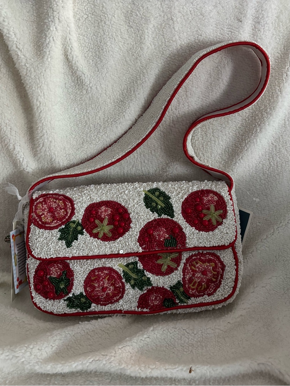 Beaded Tomato Motif Crossbody Bag - White & Red